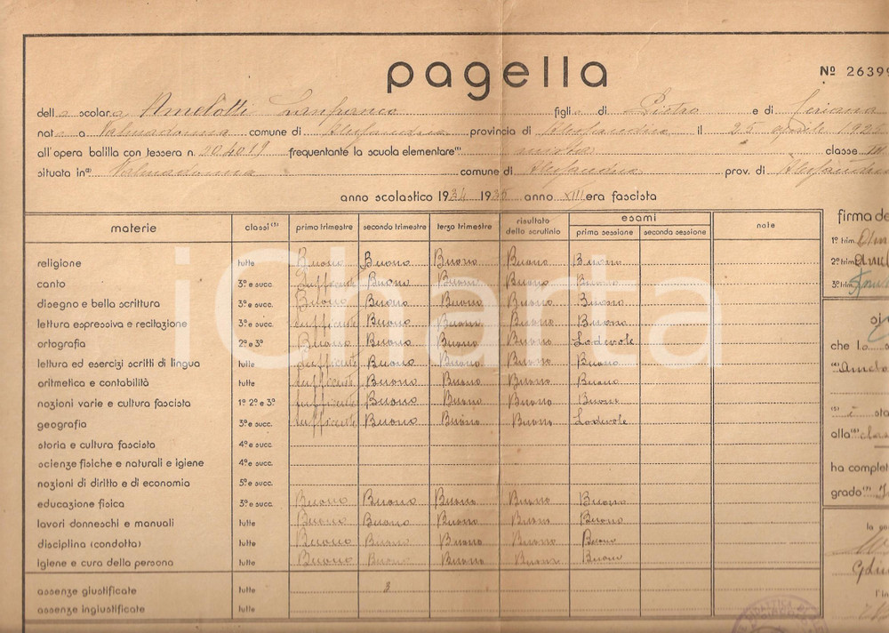 Oggetto da collezione cartaceo 1935 VALMADONNA AL Lanfranco AMELOTTI pagella scuola elementare mista 1