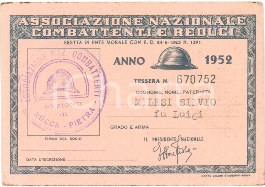 Oggetto da collezione cartaceo 1952 VARALLO VC Silvio MILESI Associazione Reduci ROCCAPIETRA Tessera 1