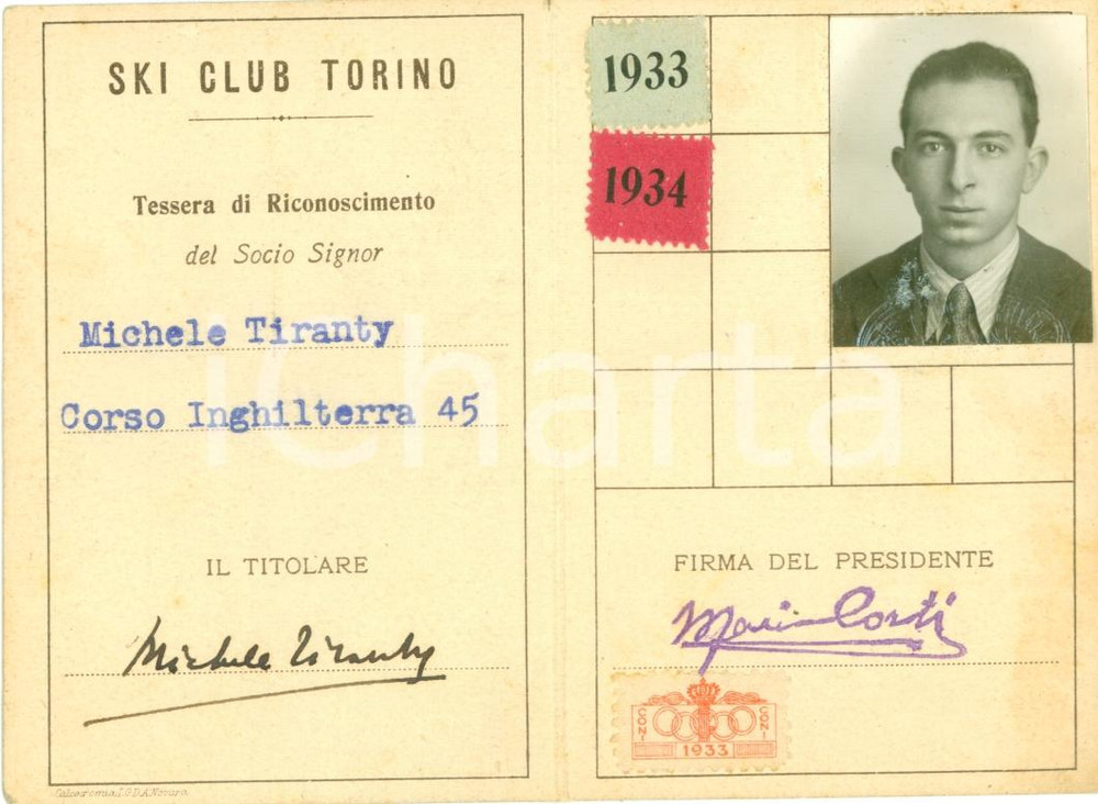 Oggetto da collezione cartaceo 1933 TORINO Ski Club Tessera Michele TIRANTY con FOTOTESSERA 1