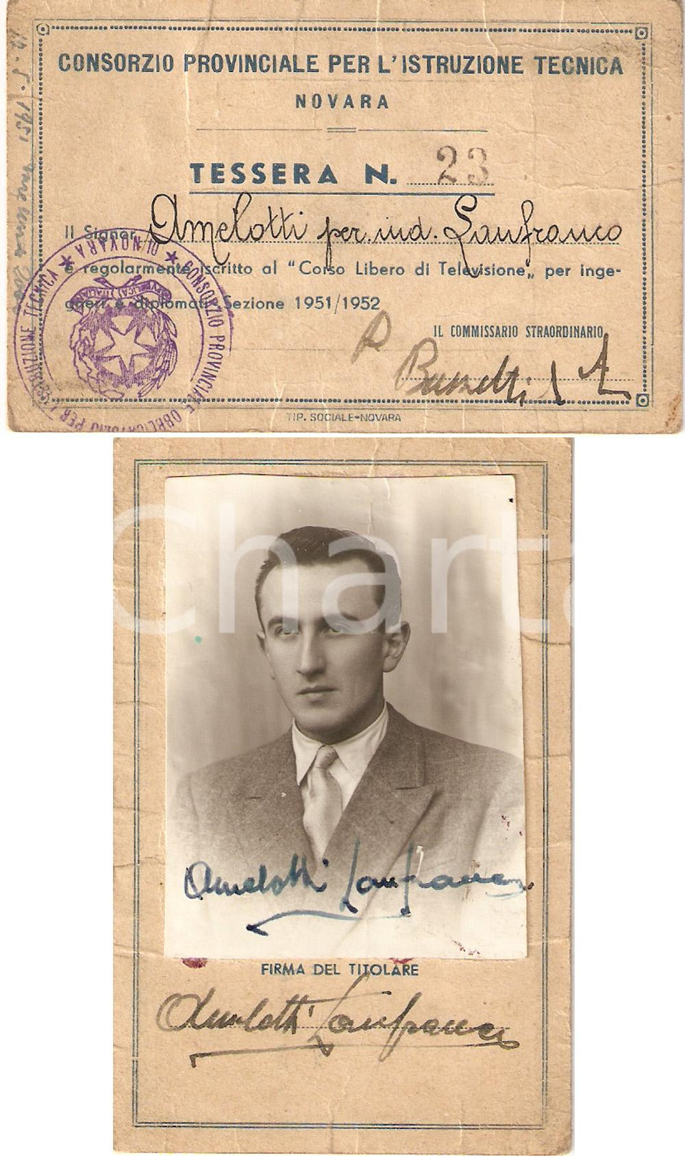 Oggetto da collezione cartaceo 1951 NOVARA Lanfranco AMELOTTI Corso Libero Televisione Tessera con FOTOGRAFIA 1