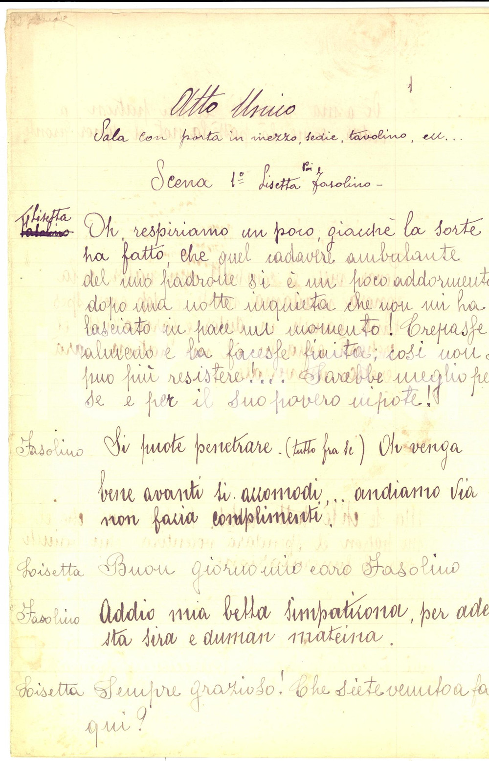 Manoscritto, lettera originale 1940 ca TEATRO Avventure di FASOLINO Odoardo Campogalliani. Copione14 pp. 1