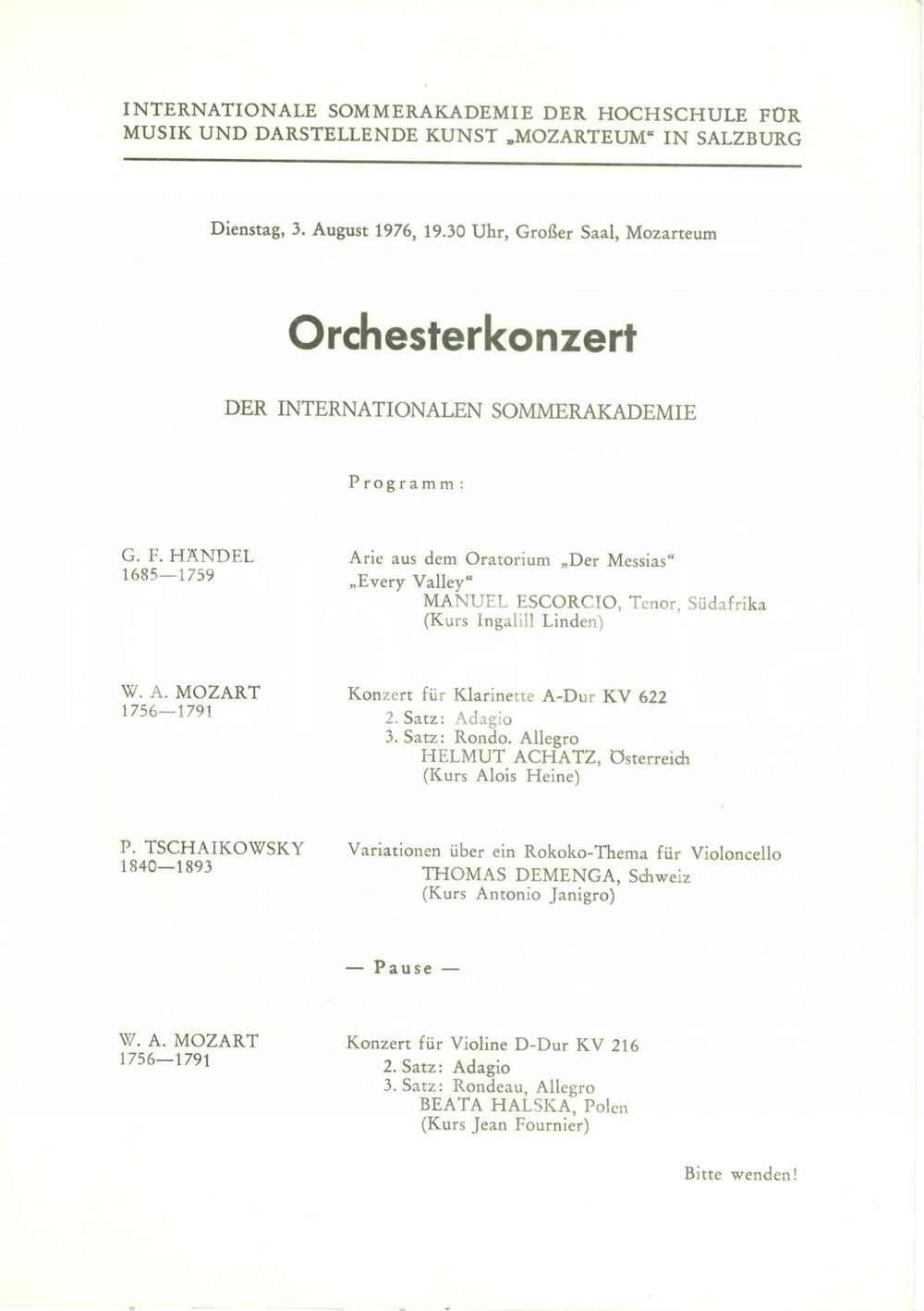Materiale pubblicitario d’epoca 1976 SALZBURG AU Sommerakademie des MOZARTEUMS Orchesterkonzert Programma 1