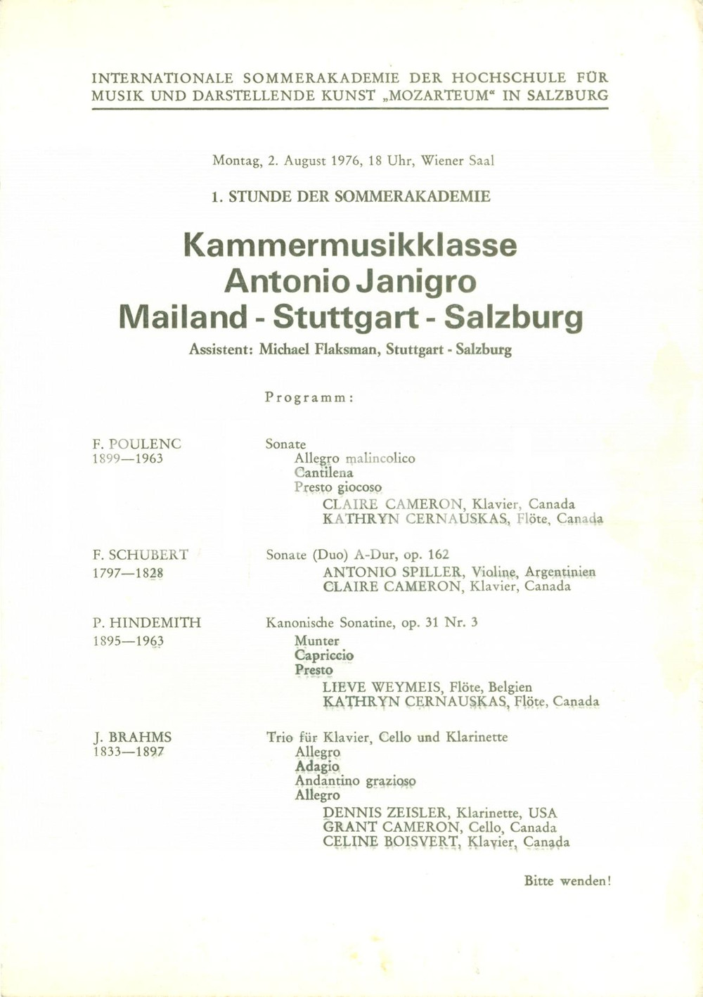 Materiale pubblicitario d’epoca 1976 SALZBURG AU Sommerakademie des MOZARTEUMS Antonio JANIGRO Programma 1