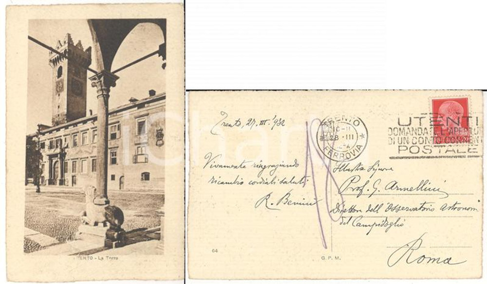 Autografo originale 1932 TRENTO Rodolfo BENINI a Giuseppe ARMELLINI AUTOGRAFO su cartolina 1