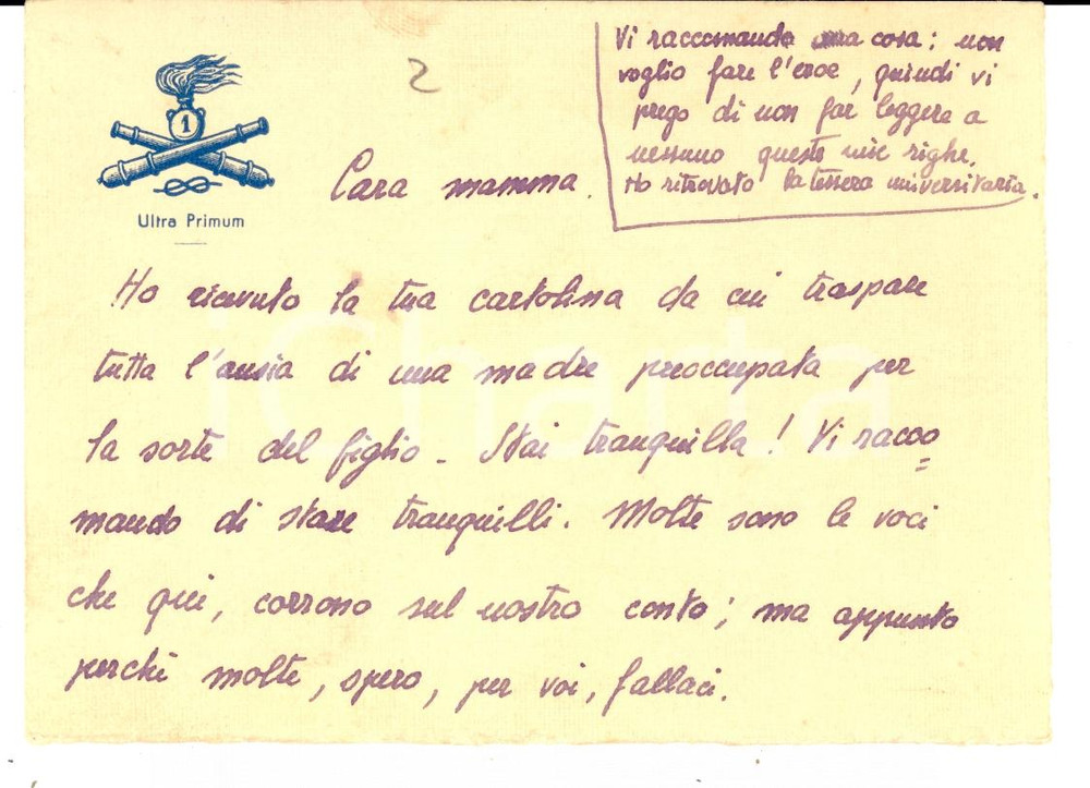 Manoscritto, lettera originale 1940 ca WW2 1Â° Gruppo Artiglieria CACCIATORI DELLE ALPI Non voglio far l eroe 1