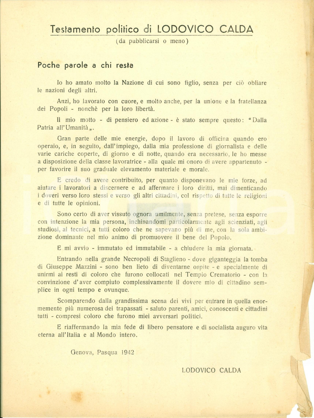 Documento originale, autentico 1942 GENOVA Testamento politico Lodovico CALDA Documento DANNEGGIATO 1