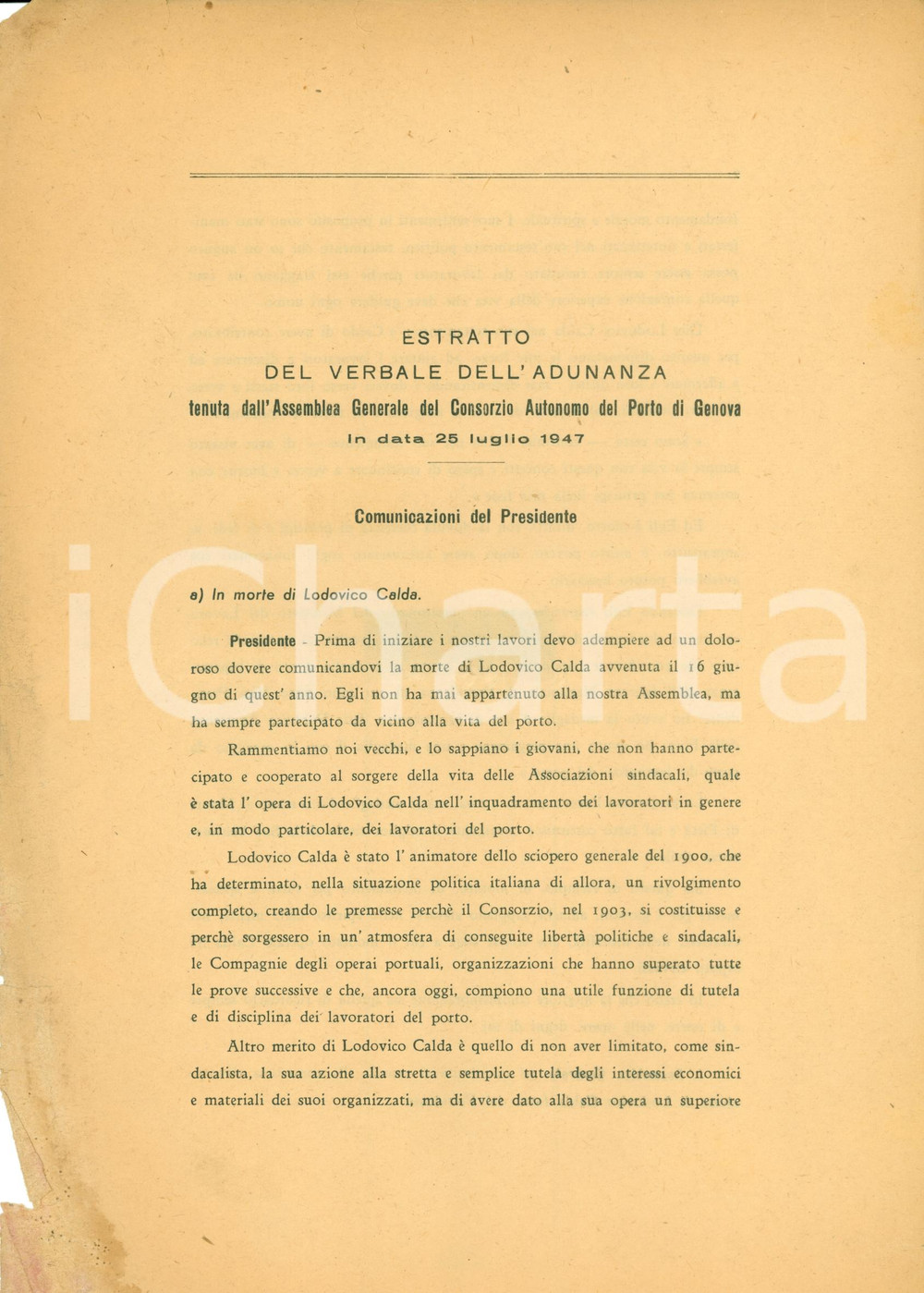 Materiale pubblicitario d’epoca 1947 GENOVA In morte di Lodovico CALDA Consorzio Autonomo Porto Documento 1