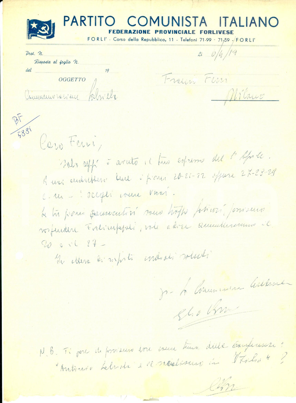 Autografo originale 1954 FORLI  PCI Elio ROSSI commemorazioni Antonio LABRIOLA Lettera AUTOGRAFA 1
