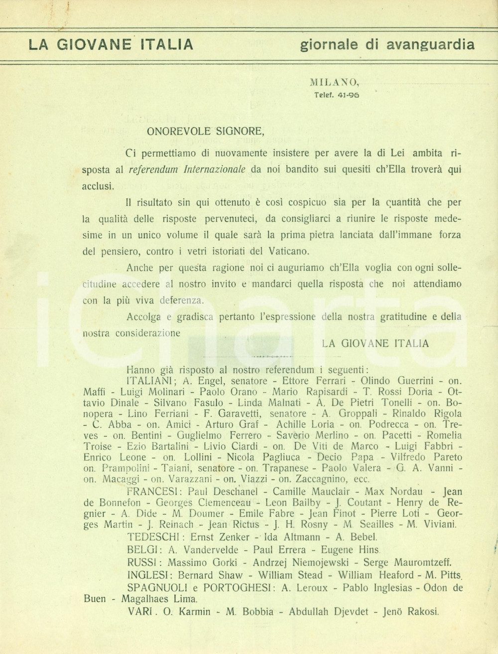 Documento originale, autentico 1910 MILANO Referendum GIOVANE ITALIA per traslazione VATICANO Documento 1