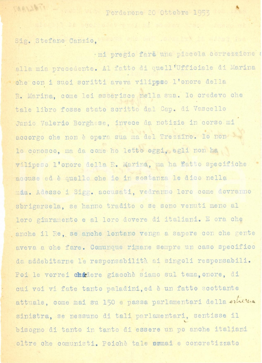 Manoscritto, lettera originale 1953 PORDENONE Junio Valerio BORGHESE spacciato per Antonio TRIZZINO Lettera 1