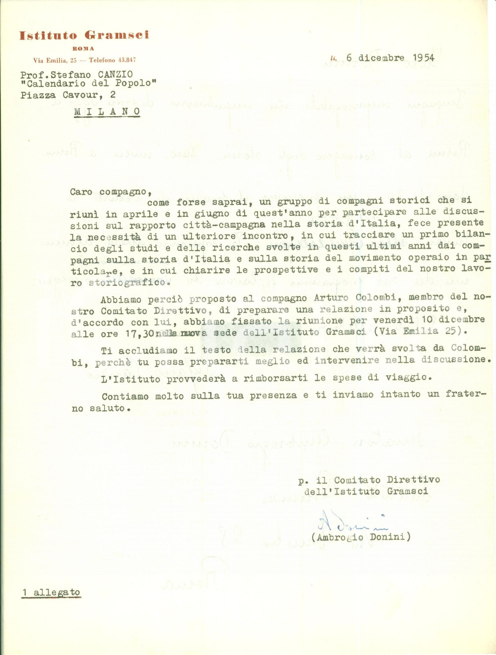 Autografo originale 1954 ROMA PCI Senatore Ambrogio DONINI incontro su movimento operaio AUTOGRAFO 1