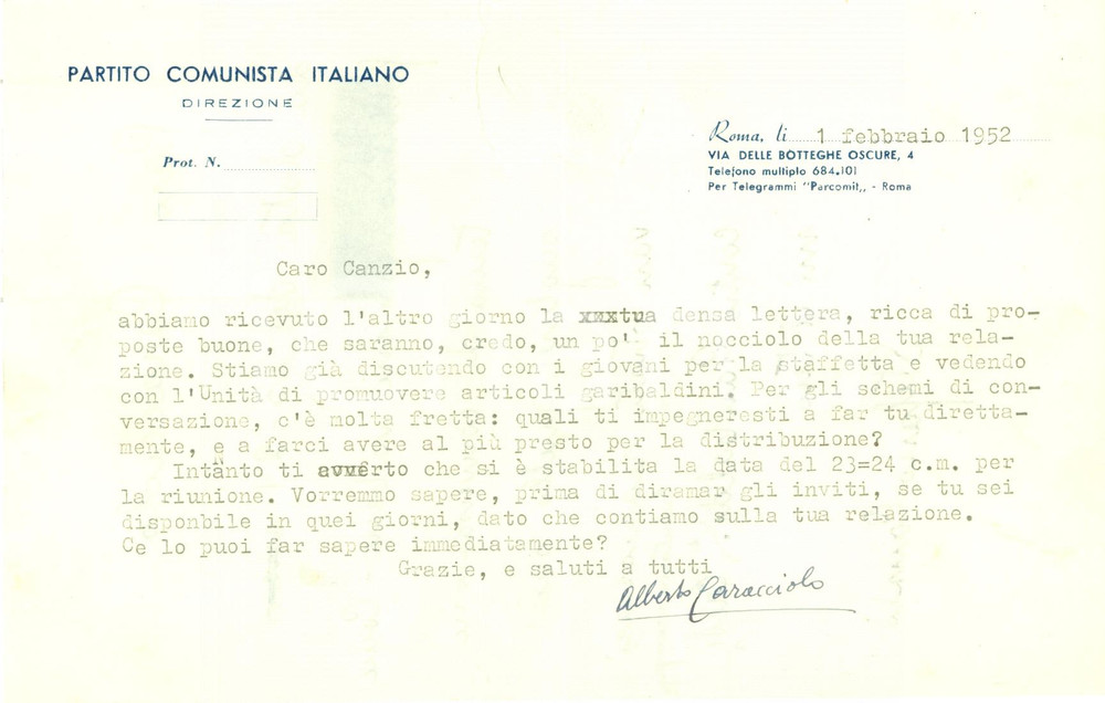Autografo originale 1952 ROMA PCI Alberto CARACCIOLO prepara convegno su GARIBALDI AUTOGRAFO 1