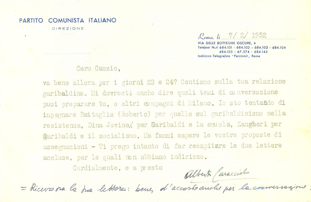 Autografo originale 1952 ROMA PCI Alberto CARACCIOLO prepara riunione compagni storici AUTOGRAFO 1