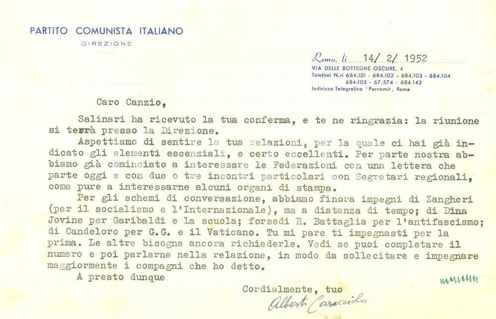 Autografo originale 1952 ROMA PCI Alberto CARACCIOLO organizza riunione compagni storici AUTOGRAFO 1