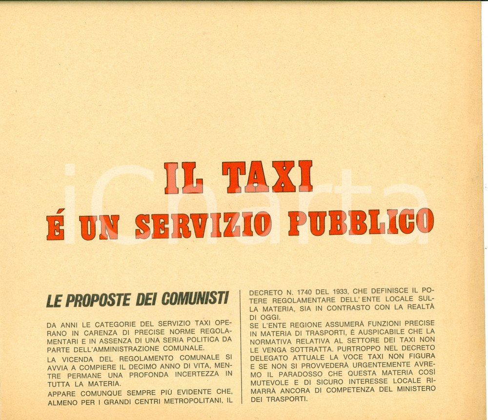 Materiale pubblicitario d’epoca 1968 MILANO PCI Taxi servizio pubblico Taxisti Comunisti ILLUSTRATO opuscolo 1