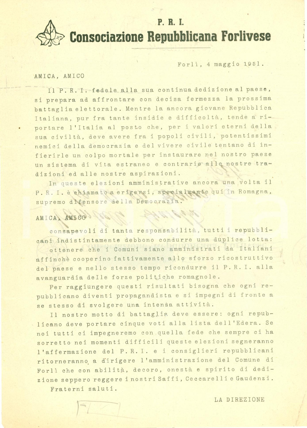 Materiale pubblicitario d’epoca 1951 FORLI  Elezioni Comunali Consociazione Repubblicana difende democrazia 1