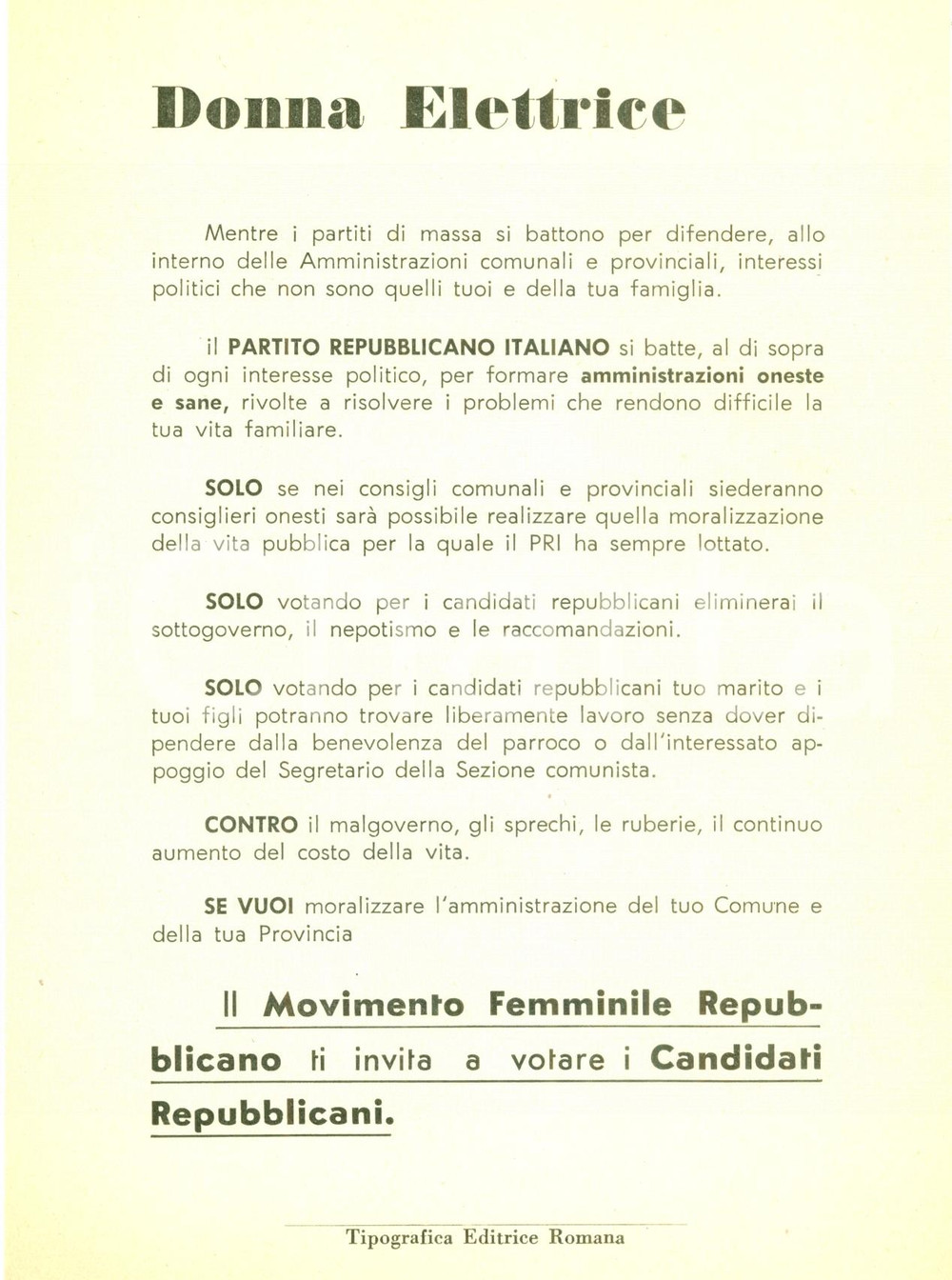 Materiale pubblicitario d’epoca 1956 ROMA PRI Elezioni Comunali Donne, votate Movimento Femminile Repubblicano 1
