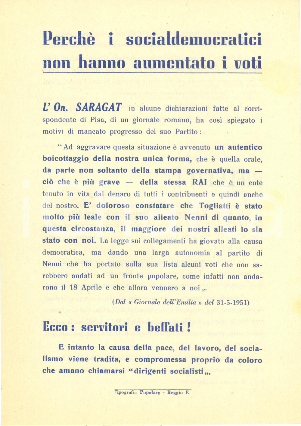 Materiale pubblicitario d’epoca 1951 PCI Elezioni Comunali Giuseppe SARAGAT regge coda alla DC Opuscolo 1