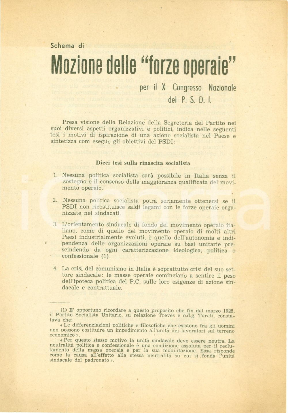 Materiale pubblicitario d’epoca 1956 MILANO PSDI X Congresso Nazionale Mozione Forze Operaie Opuscolo 1