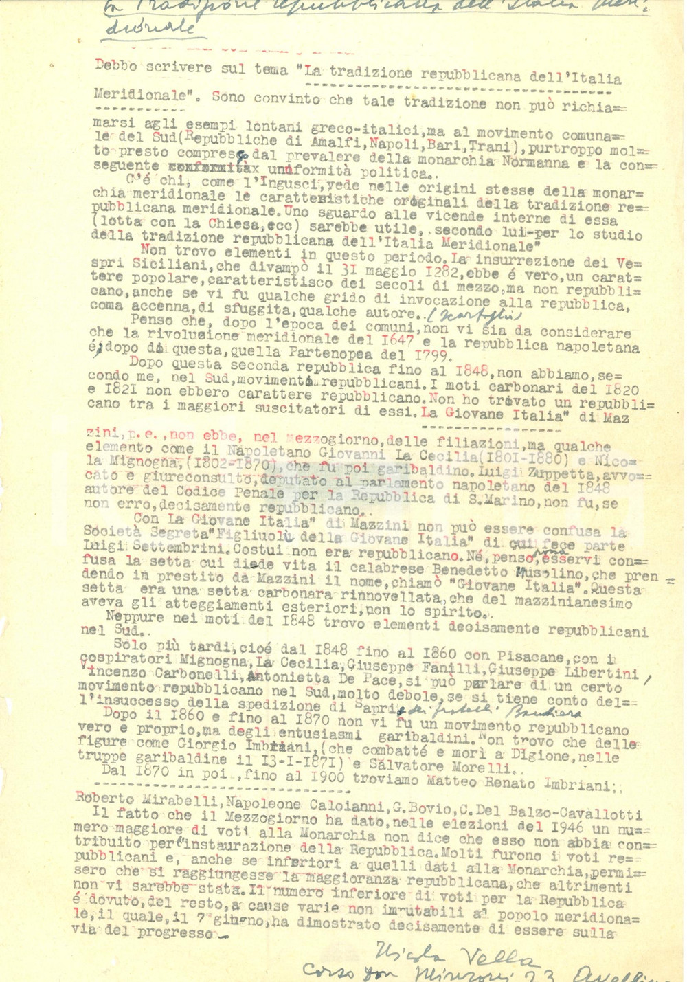 Autografo originale 1954 AVELLINO Nicola VELLA Tradizione repubblicana ITALIA Meridionale AUTOGRAFO 1