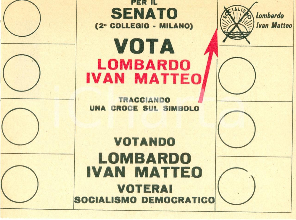 Materiale pubblicitario d’epoca 1953 MILANO PSDI Vota Ivan Matteo LOMBARDO al Senato Scheda elettorale 1