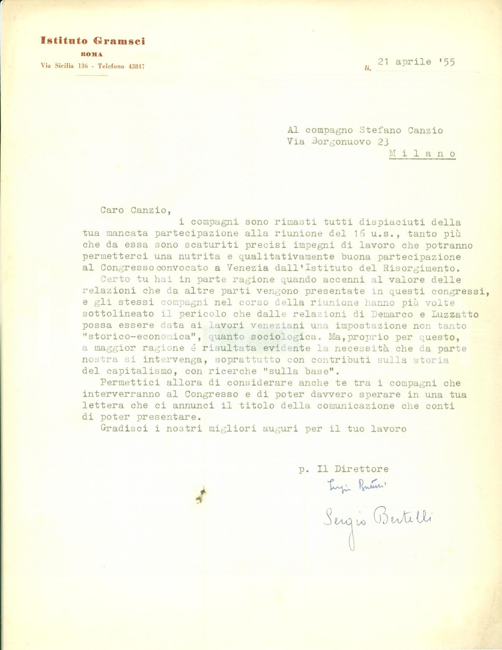Autografo originale 1955 ROMA Sergio BERTELLI Congresso Istituto del RISORGIMENTO Firma AUTOGRAFA 1