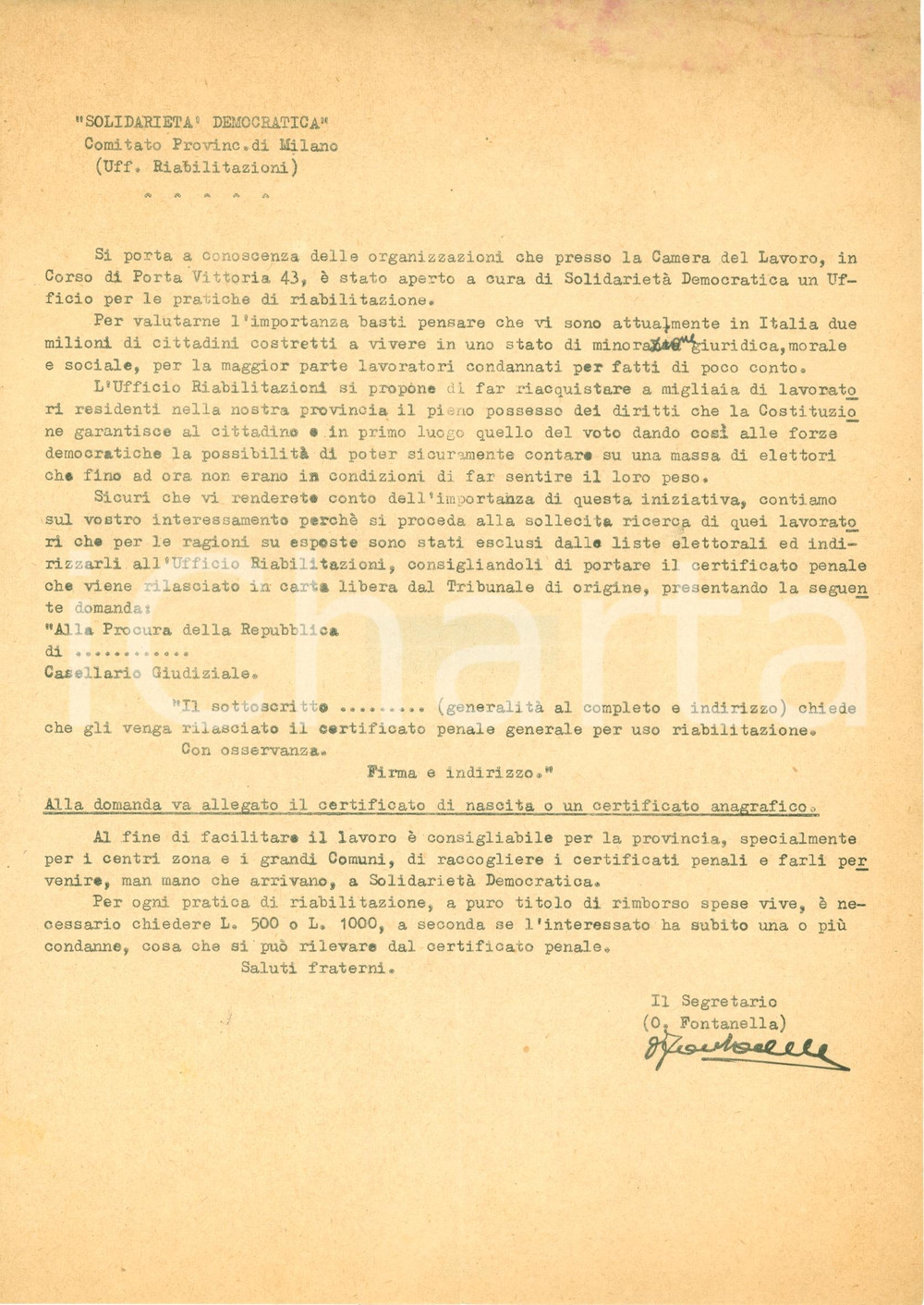 Documento originale, autentico 1950 ca MILANO Solidarietà Democratica Ufficio Riabilitazione Odoardo FONTANELLA 1