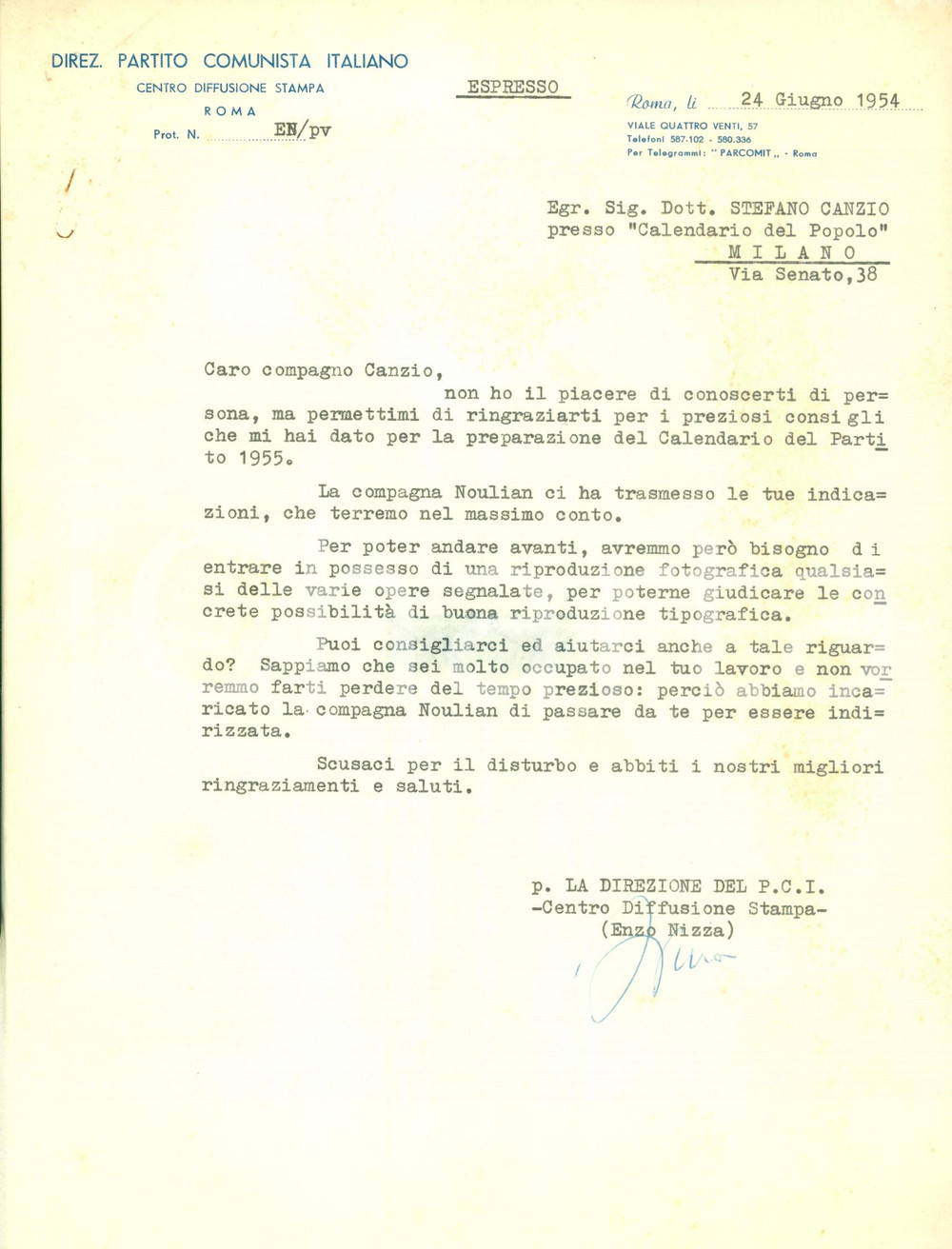 Autografo originale 1954 ROMA PCI Enzo NIZZA prepara Calendario Partito Comunista Firma AUTOGRAFA 1