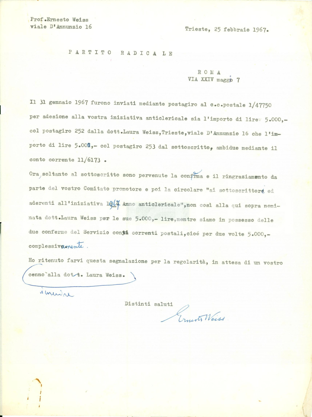Autografo originale 1967 TRIESTE Ernesto WEISS Anno Anticlericale Partito Radicale Firma AUTOGRAFA 1
