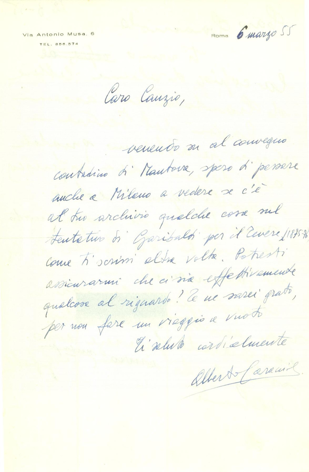 Autografo originale 1955 ROMA Alberto CARACCIOLO cerca materiale su GARIBALDI Lettera AUTOGRAFA 1