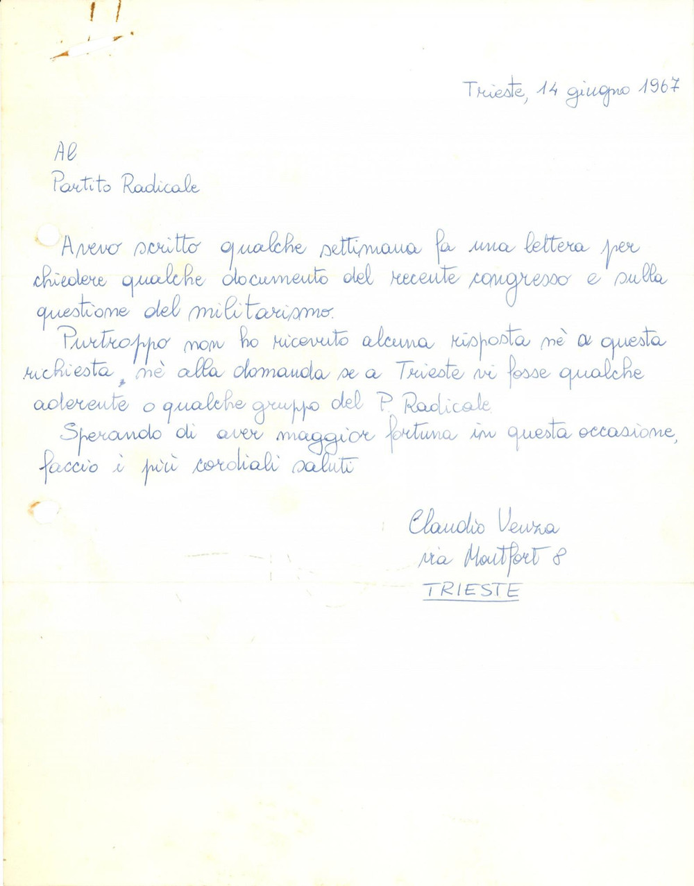 Autografo originale 1967 TRIESTE Anarchico Claudio VENZA su Partito Radicale Lettera AUTOGRAFA 1
