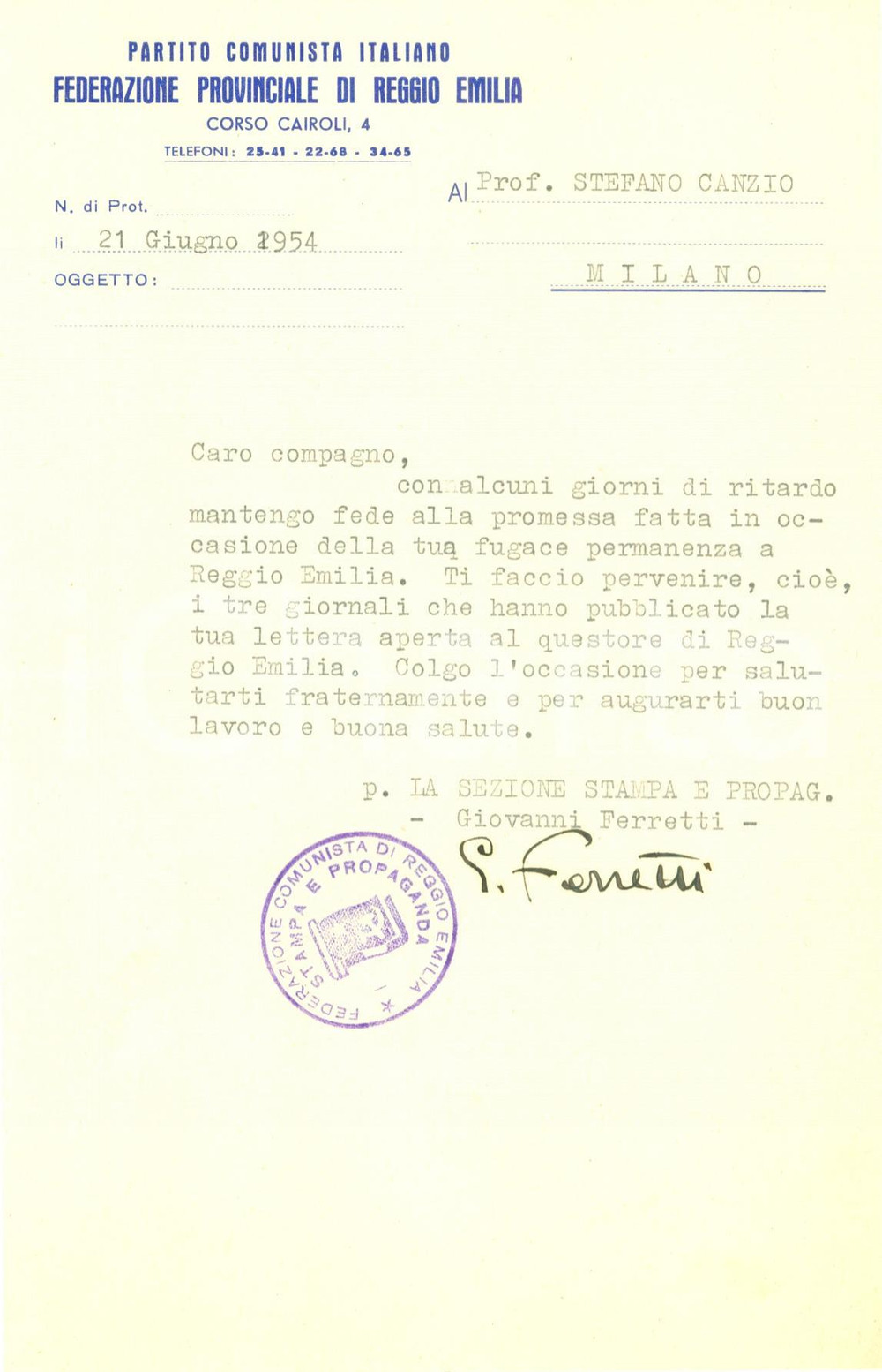 Autografo originale 1954 REGGIO EMILIA Giovanni FERRETTI Federazione Provinciale PCI AUTOGRAFO 1