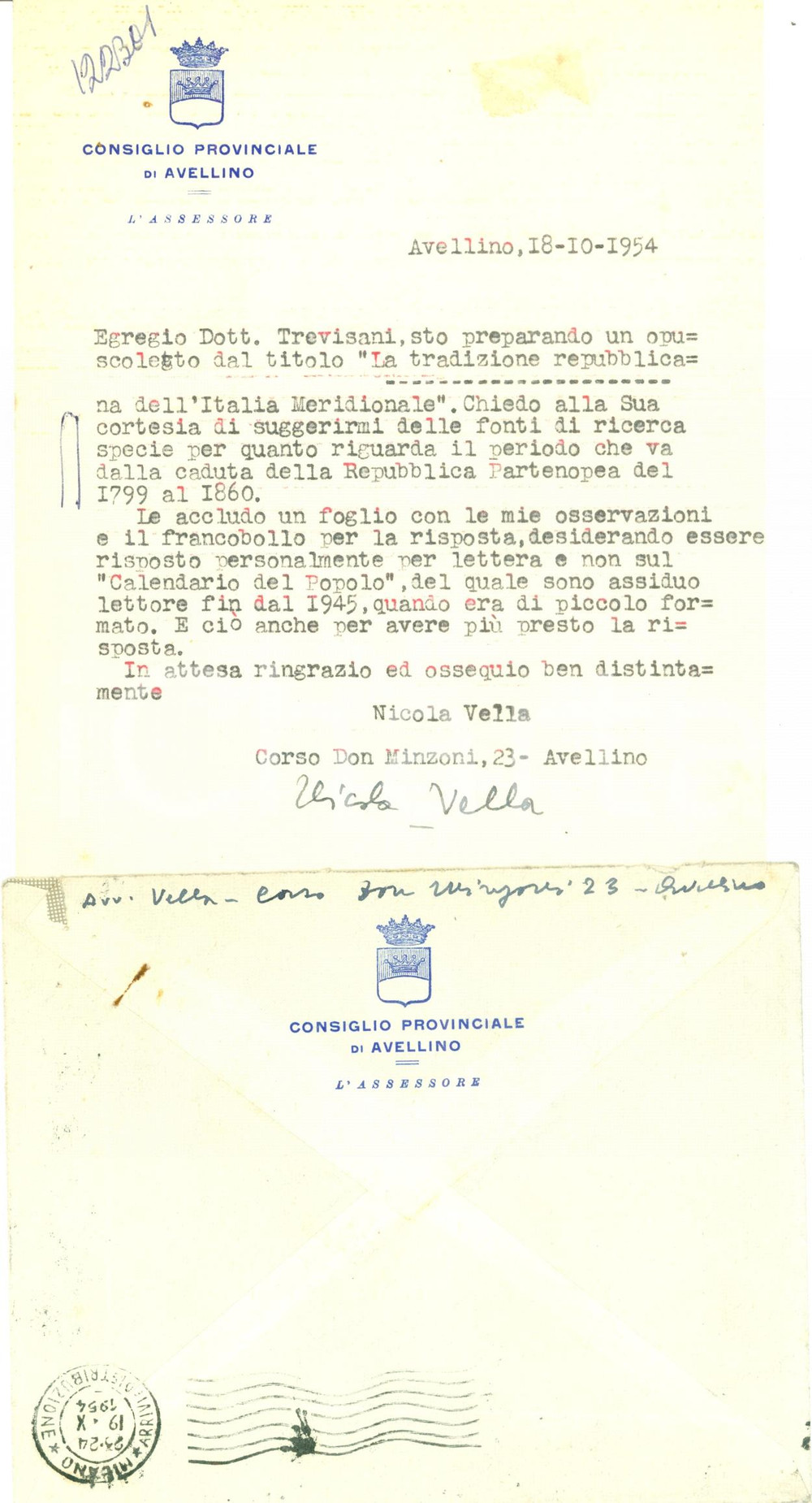 Autografo originale 1954 AVELLINO Nicola VELLA prepara opuscolo su Repubblica Partenopea AUTOGRAFO 1