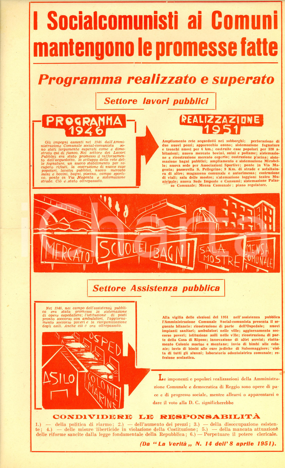 Materiale pubblicitario d’epoca 1951 MILANO PSI Socialcomunisti mantengono promesse Elezioni comunali ILLUSTRATO 1