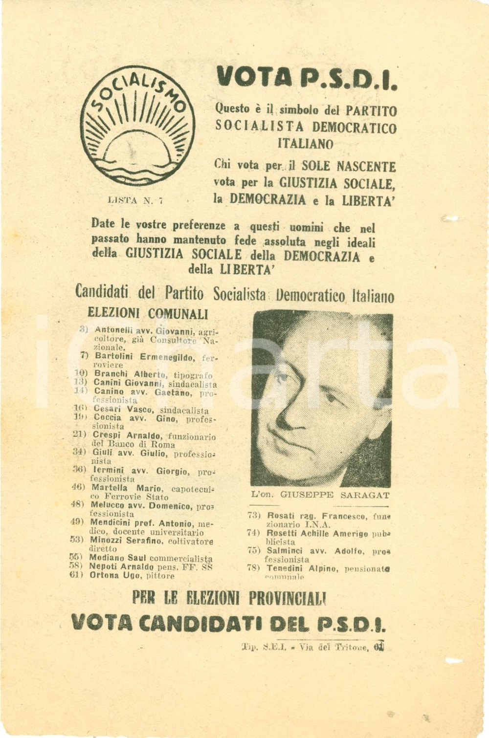 Materiale pubblicitario d’epoca 1950 ROMA Elezioni comunali provinciali Votate PSDI Giuseppe SARAGAT Volantino 1