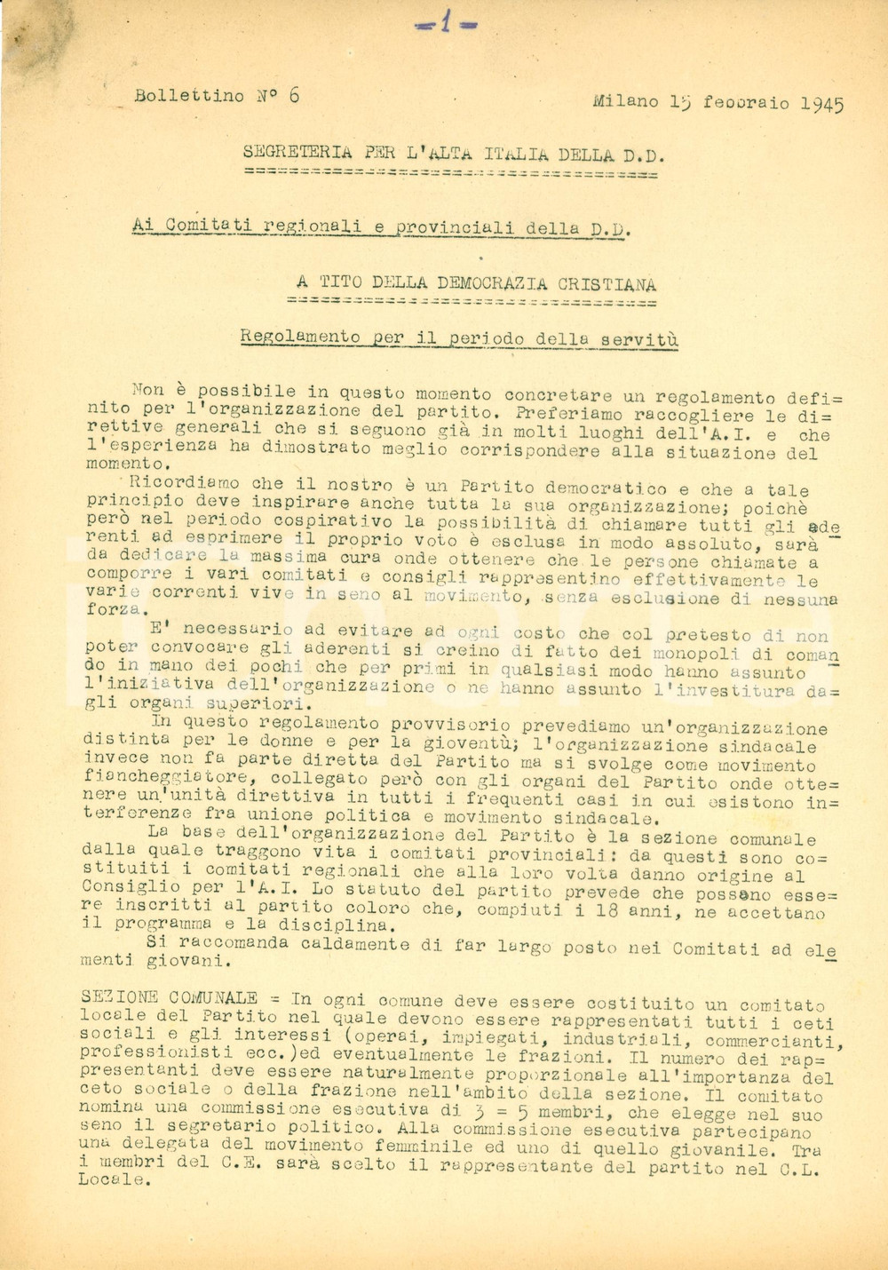 Documento originale, autentico 1945 MILANO Regolamento DC durante la servitÃ¹ fascista Documento interno 1
