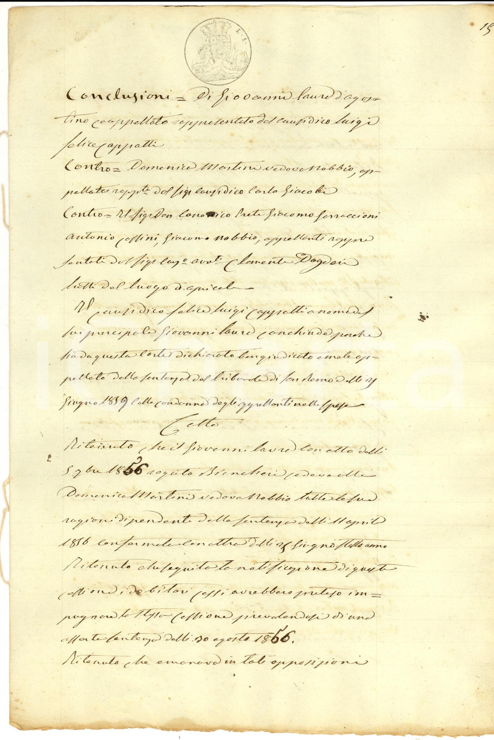 Documento originale, autentico 1859 APRICALE IM Lite Giovanni LAURA vs vedova Domenica MARTINI NOBBIO 1