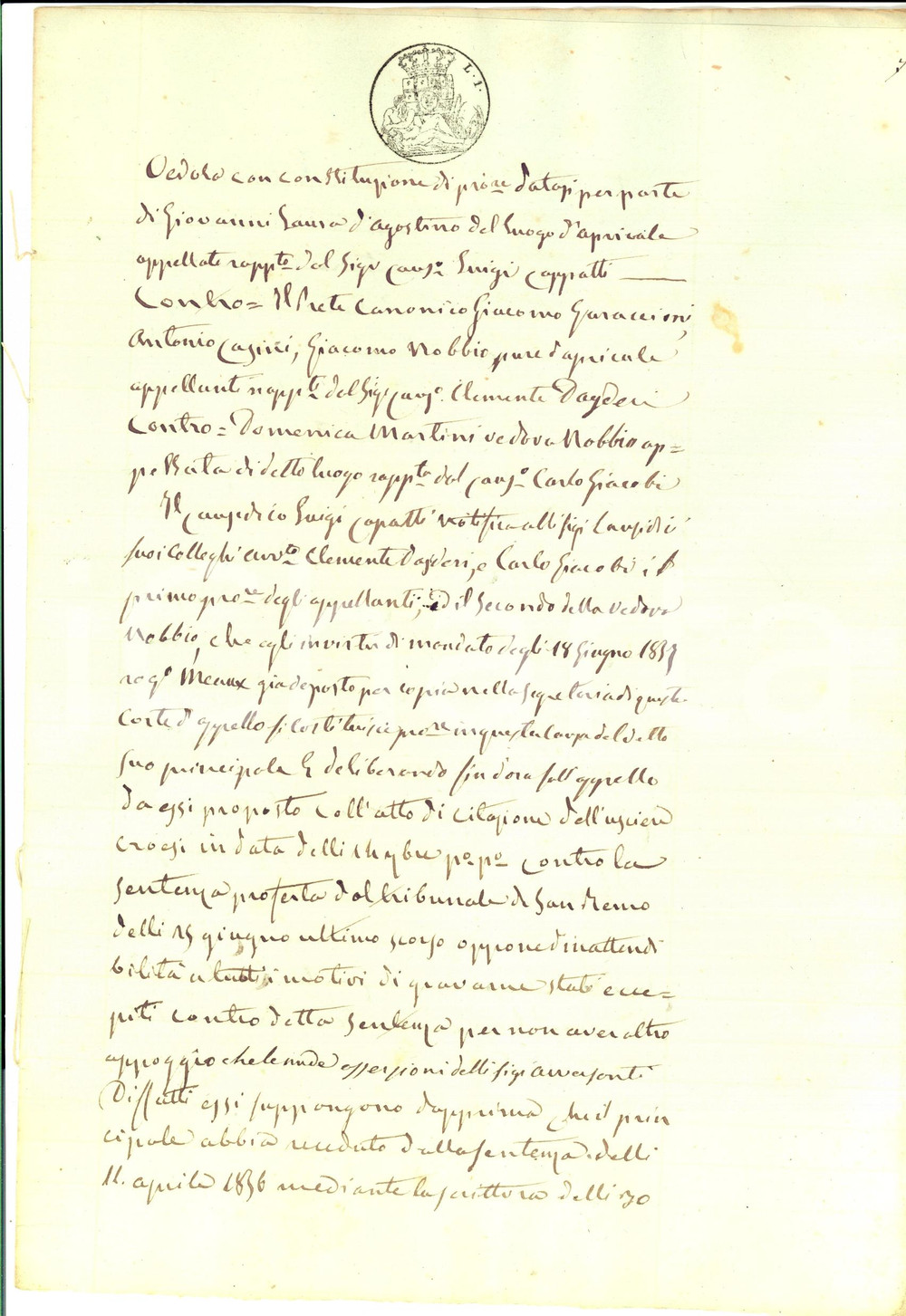 Documento originale, autentico 1859 APRICALE IM Giovanni LAURA nomina procuratore avv. Luigi CAPPATTI 1