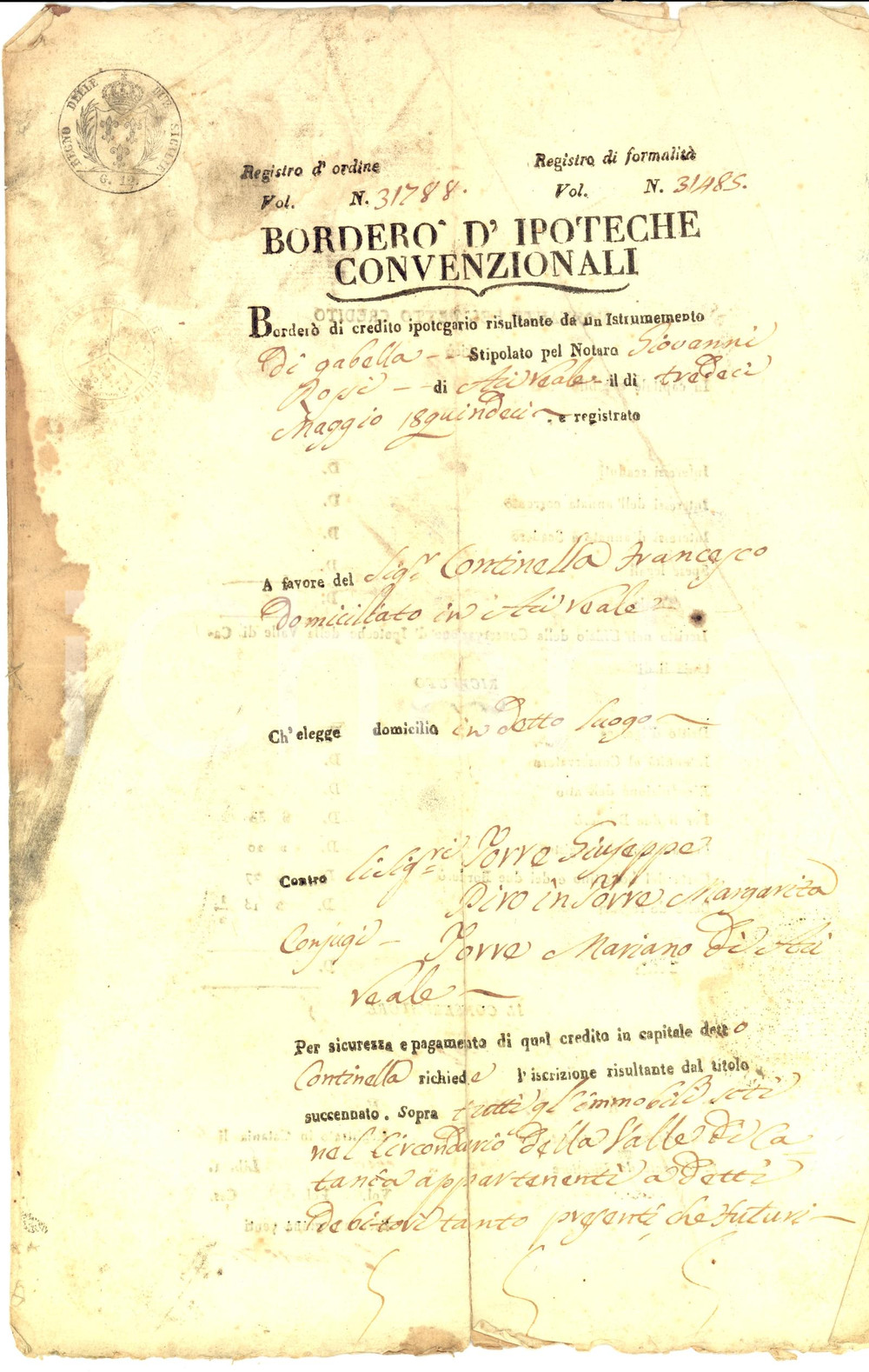 Documento originale, autentico 1821 ACIREALE CT Provvedimenti contro beni Giuseppe TORRE debitore 1