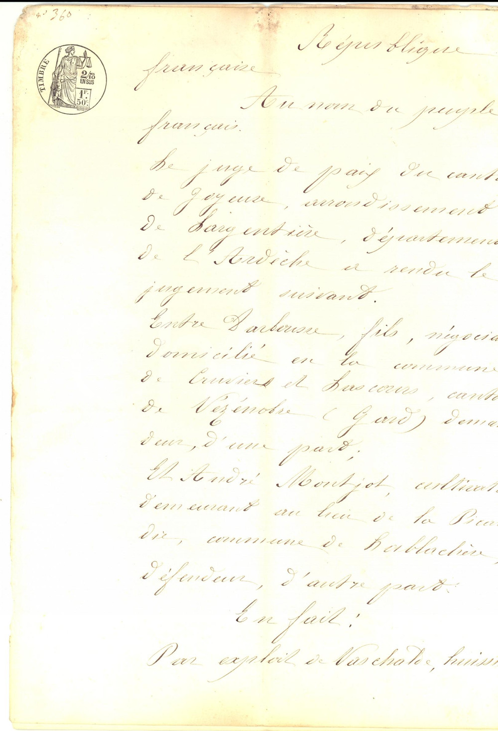 Documento originale, autentico 1875 LABLACHERE F Condanna AndrÃ© MONTJOT per debiti commerciante DARBOUSSE 1