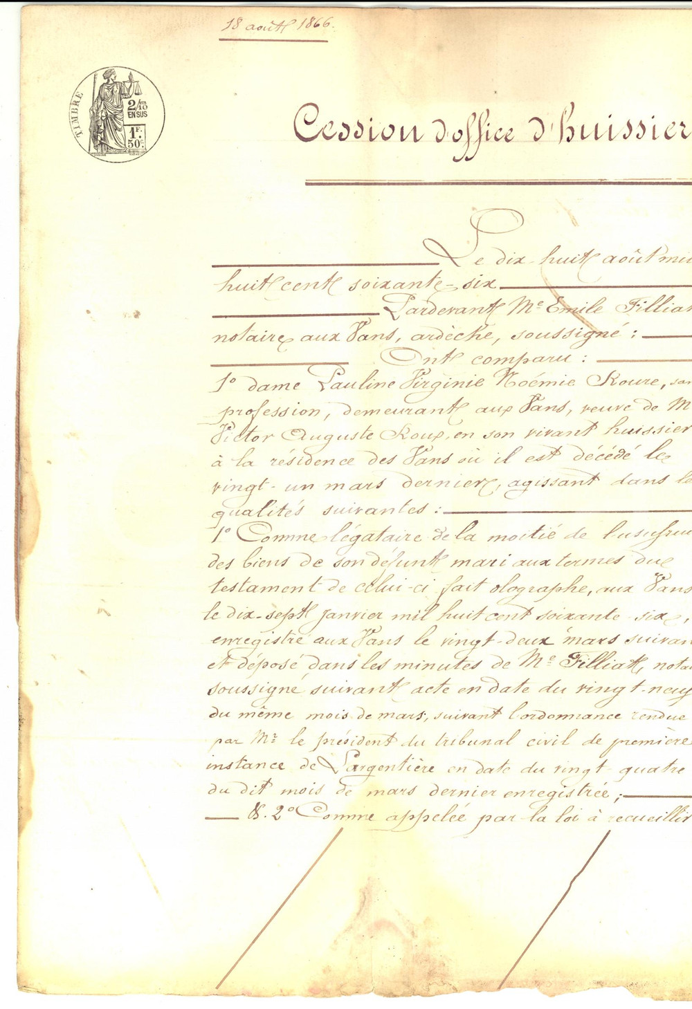 Documento originale, autentico 1866 LES VANS F Cessione a Bruno Victor DESCHANELS della carica di usciere 1
