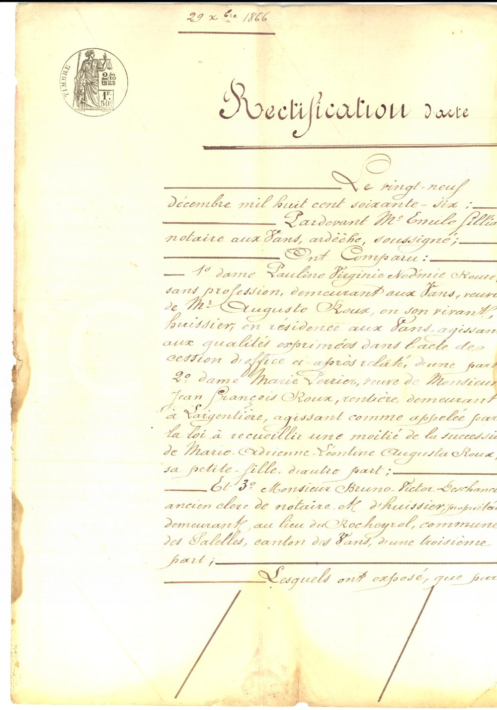 Documento originale, autentico 1866 LES VANS F Rettifica su nomina di Bruno Victor DESCHANELS nuovo usciere 1