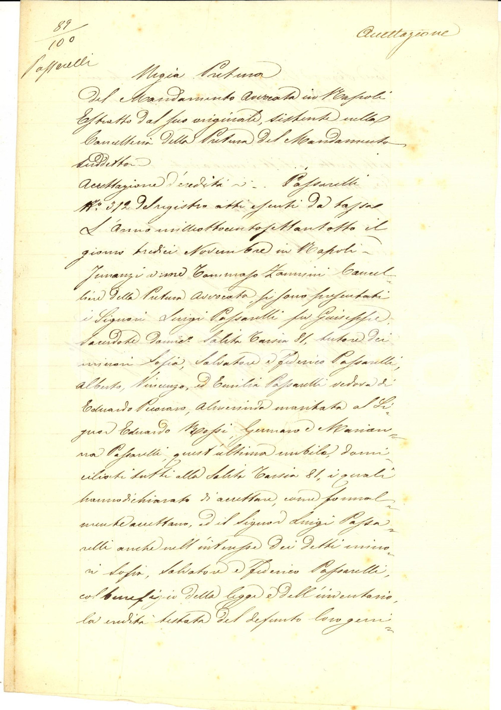 Documento originale, autentico 1879 MARANO NA EreditÃ  Giuseppe PASSARELLI pro figli minorenni Manoscritto 1