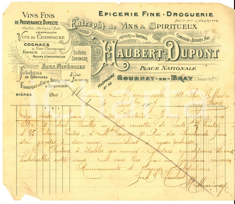 Documento originale, autentico 1907 GOURNAYENBRAY France Vins et spiritueux Articles pour Baptemes Fattura 1
