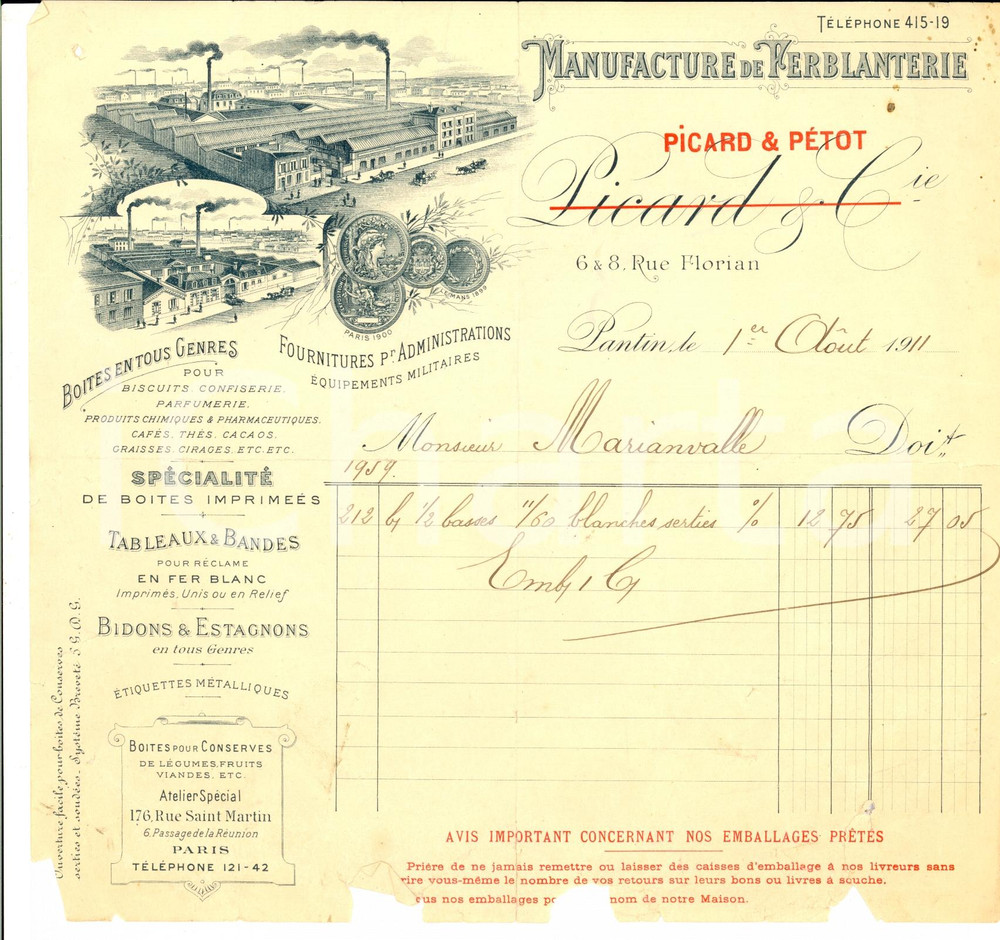Documento originale, autentico 1911 PANTIN France Manifacture de ferblanterie PICARD & PETOT Fattura 1