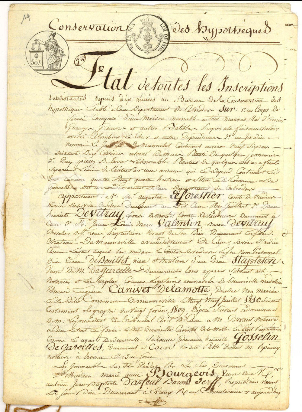 Documento originale, autentico 1818 GARCELLESSECQUEVILLE F Storia di un fondo con casa e giardino MAMELET 1