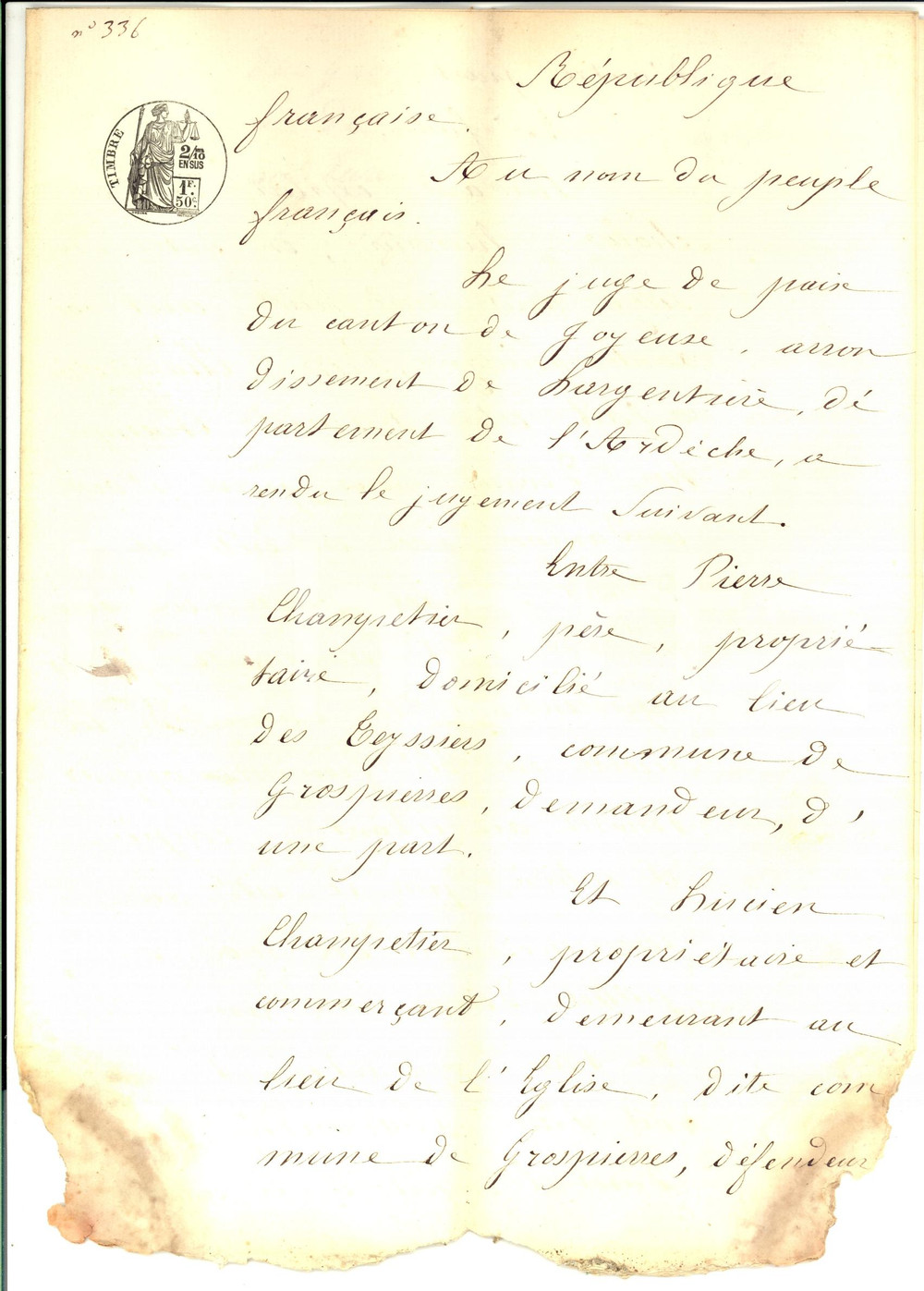 Documento originale, autentico 1875 GROSPIERRES F Pierre CHAMPETIER in lite con il figlio per raccolto grano 1