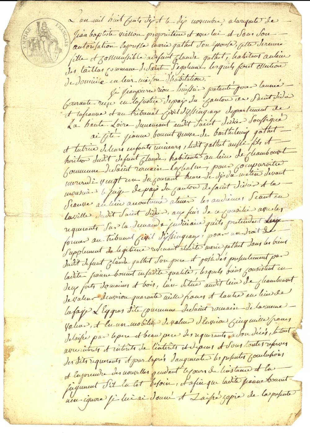 Documento originale, autentico 1807 SAINTROMAINLACHALM F Vedova Jeanne BONNET tutrice fondi figli minorenni 1