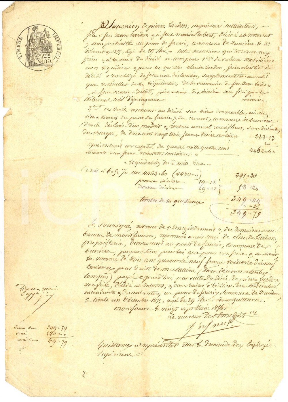 Documento originale, autentico 1876 DUNIERES LOIRE Successione Pierre LARDON a favore del fratello Claude 1