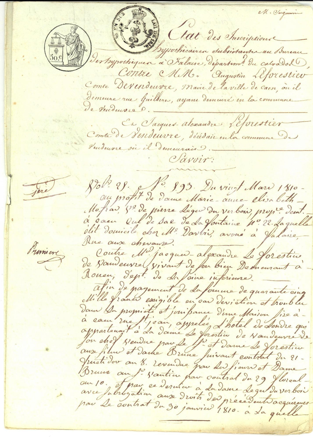 Documento originale, autentico 1819 FALAISE Calvados Iscrizioni beni Augustin LE FORESTIER di VENDEUVREÂÂ 1